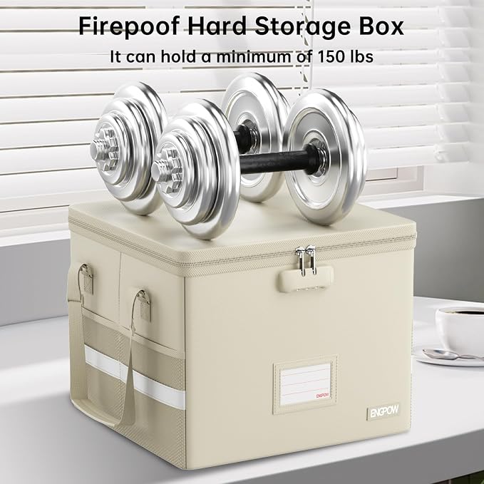 ENGPOW 5200°F File Box Fireproof Document Box with Lock,Heat Insulated Collapsible File Storage Organizer Box with Handle,Portable Home Office File Cabinet for Hanging Letter/Legal Size Folder, Beige