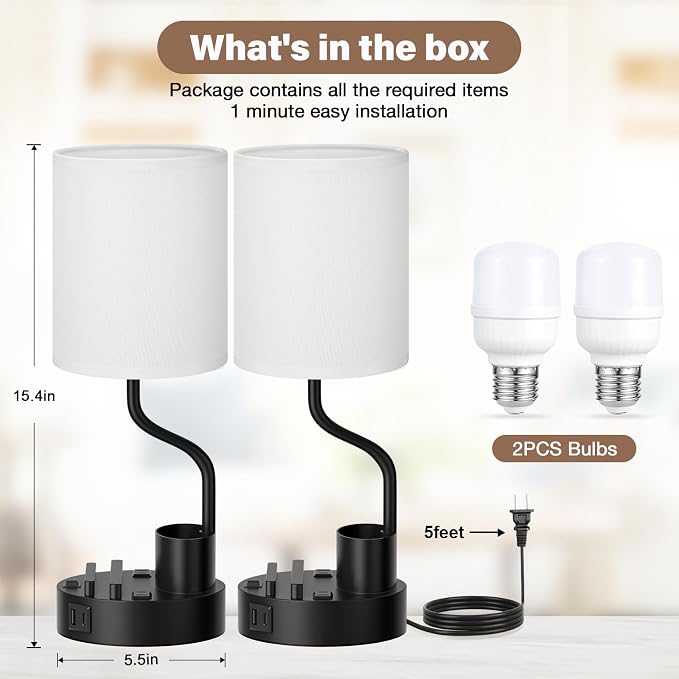 Bedside Lamps for Bedroom Set of 2 - Table Desk Lamp for Nightstand | 15" Table Lamp for Living Room with Pen Holder & Phone Stand, USB A+C Port, AC Outlet, 3 Color Temperature, LED Bulb Included