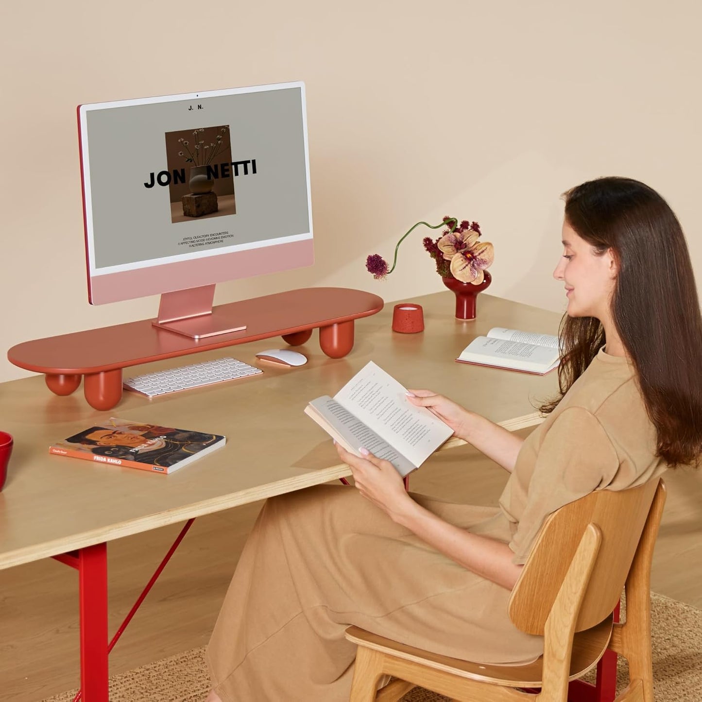 Fenge Monitor Stand Riser, 34 Inch Dual Monitor Riser for Large Monitors, Desk Organizer with Wooden Shelf & Solid Wood Legs, Computer Stand for Laptop, TV, PC, Printer, Red