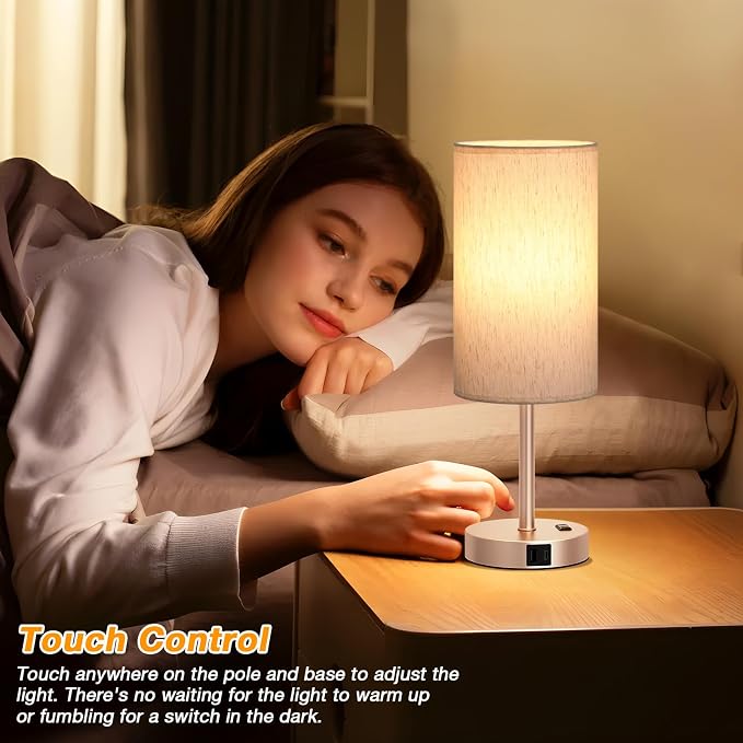 Dicoool 17.4" Bedside Lamp for Bedroom - Dimmable Touch, USB A+C, AC Outlet | LED Bulb Included, 3-Way Dimmable, 17.4" Table Lamp for Living Room, Dorm, Cream Fabric Lampshade, Antique White Metal Base