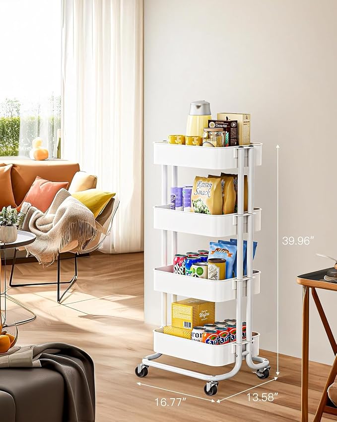 Pipishell 4 Tier Metal Rolling Utility Cart with 2 Lockable Wheels, White | 360° Rotating Wheel, Heavy-Duty Steel, Sturdy Dual Columns, Ventilated Mesh, Hold 22 lbs per Shelf, for Kitchen & Living Room