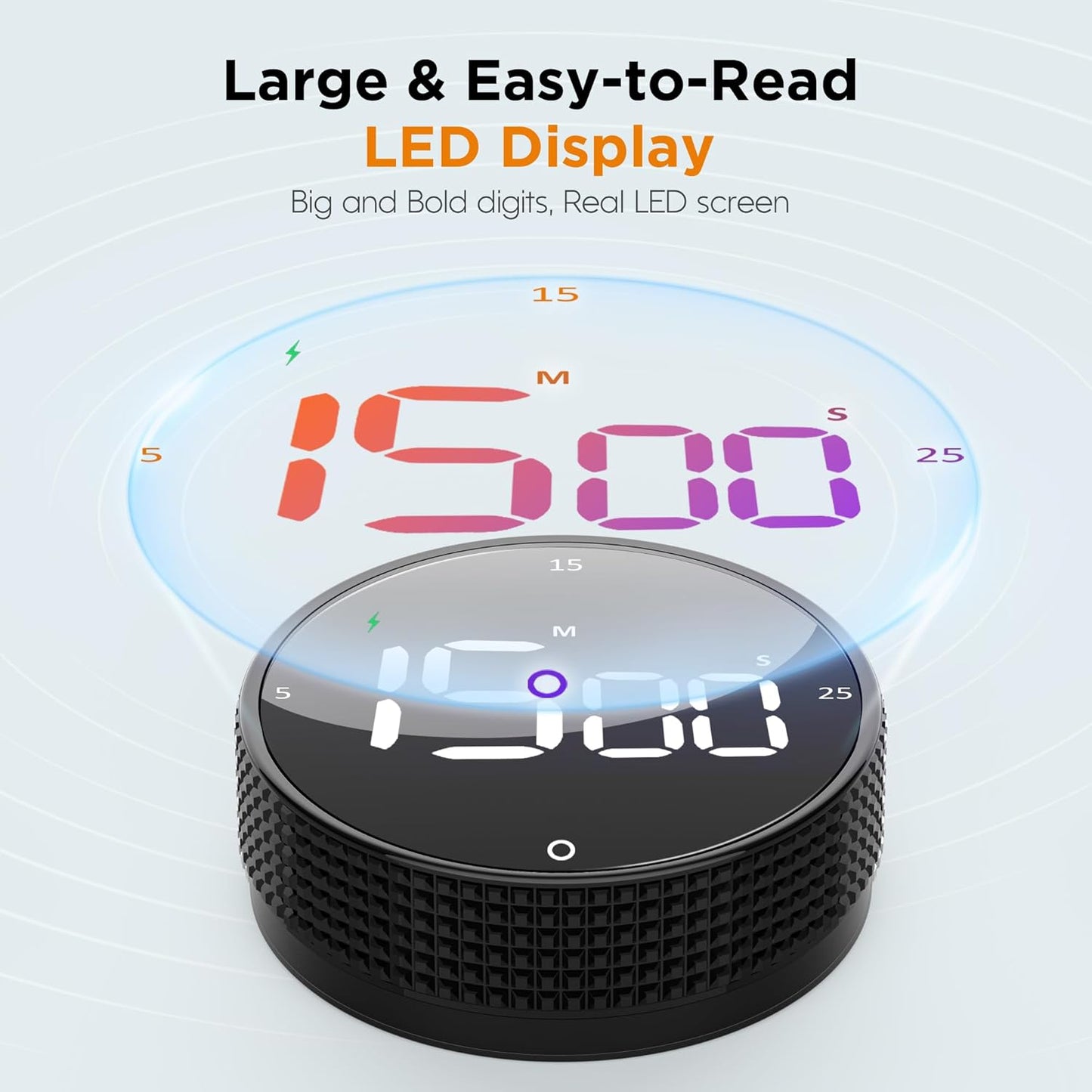 Rechargeable Magnetic Digital Kitchen Timer-Loud Alarm Visual Productivity Timer&Pomodoro Timer with Large LED Display,3 Presets(5/15/25min),3 Volume Levels.Ideal for Cooking Fitness&Office Use