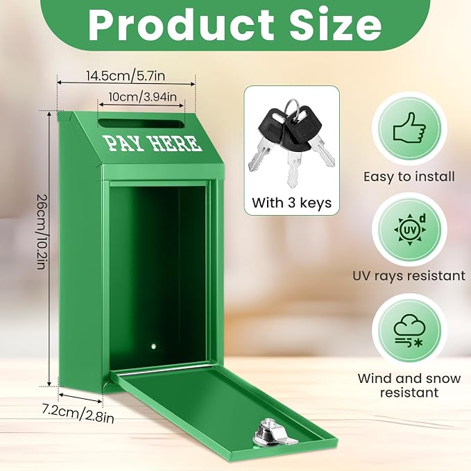 Yaocom Safe Metal Cash Box for Farm Stand – Money Drop and Secure Donation Collection, Wall Mount Lockable Unit with Pre Drilled Holes for Outdoor Self Serve(Green,10.2 x 5.7 x 2.8 Inch)