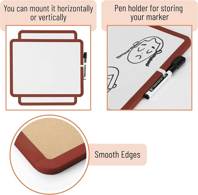 Mr. Pen- Dry Erase Board, 14” x 11” with a Black Dry Erase Marker | Chocolate Brown Frame, Small Mini White Board for Students, Fridge, Wall, Locker, Includes Double Sided Tapes
