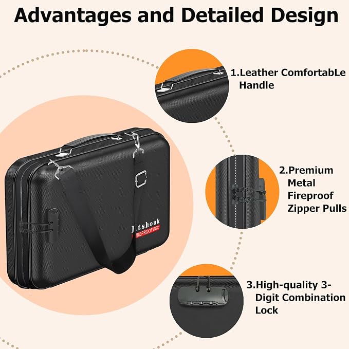 Fireproof Document Box with Lock & Shoulder Strap - Waterproof Hard-Shell File Organizer with Pocket Accordion File Folder, Portable Fireproof Box Safe Storage for Important Documents, Laptop