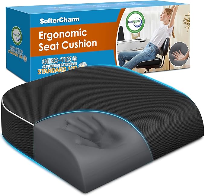 Seat Cushion, Memory Foam Office Chair Cushions for Long Sitting Hours, Chair Pad for Sciatica, Coccyx, Tailbone, Hip Pain & Pressure Relief, Office, Home, Car Seats, Airplane, Black/Large