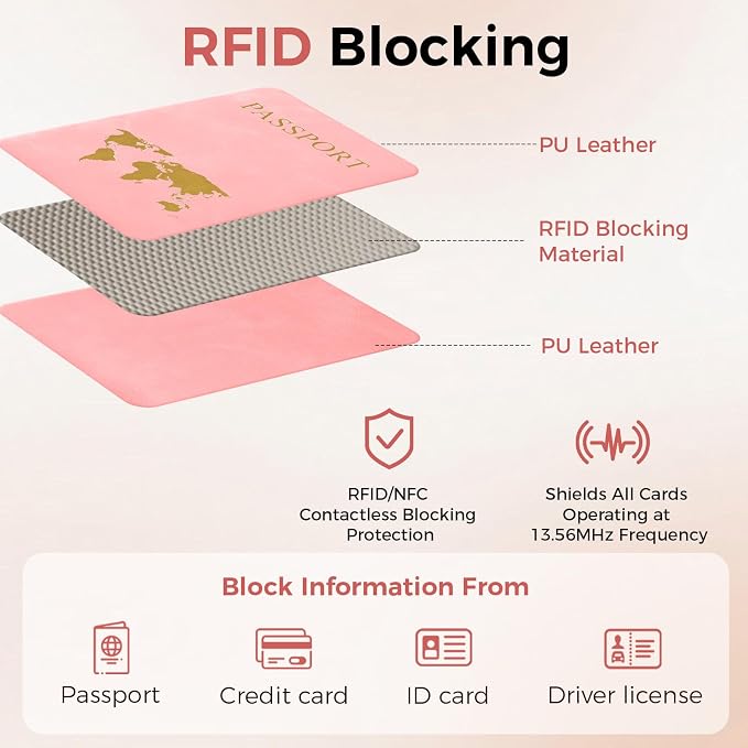Passport Holder Travel Women Men, Passport Wallet with Airtag Slot, Pink | RFID Blocking PU Leather Passport Holder Cover Case with Card Holder, Pen Slot