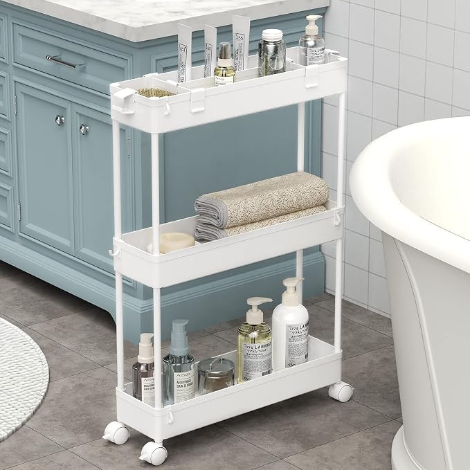 Slim Storage Cart 3 Tier,Bathroom Organizer Rolling Utility, Mobile Shelving Unit Slide Out for Office, Kitchen, Laundry Room & Narrow Places,White