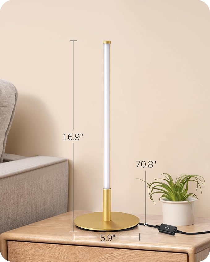 EDISHINE LED Table Lamp, Modern Dimmable Desk Lamps Metal Finish, Gold | 3 Color Temperature, 6W, Skinny Modern Minimalist Style for Bedroom, Living Room, Corner