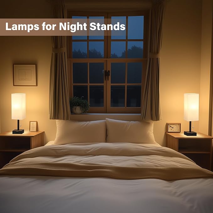 White Bedside Lamps for Bedroom Set of 2 - Small Rectangular Nightstand Lamp with AC Outlet Charging Port, 3 Color Temperatures Desk Light with Bulb, Tabletop Reading Lamp for Living Room/Dorm/Office | AC Outlet, 3 Color Temperatures, LED Bulb Included...