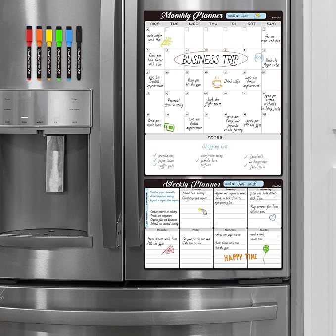 Magnetic Dry Erase Monthly Calendar Set - 15.5"x13" Monthly and 8.5"x13" Weekly Calendar for Fridge - 6 Extra Fine Point Markers Included - Shipped Flat
