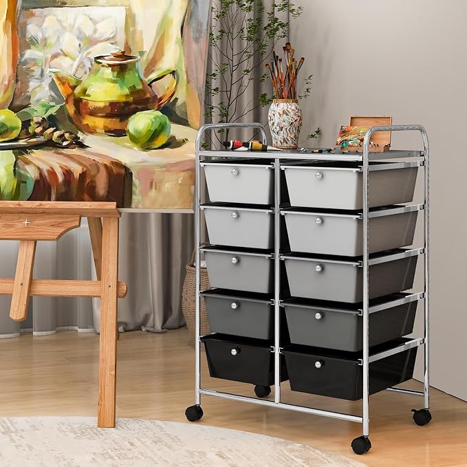 RELAX4LIFE Rolling Storage Cart with 10 Drawers - Craft Storage Cart with Lockable Wheels,Utility Cart, Art Cart Organizer for Crafting Storage, Office, School Rolling Drawer Cart (Gradient Black)