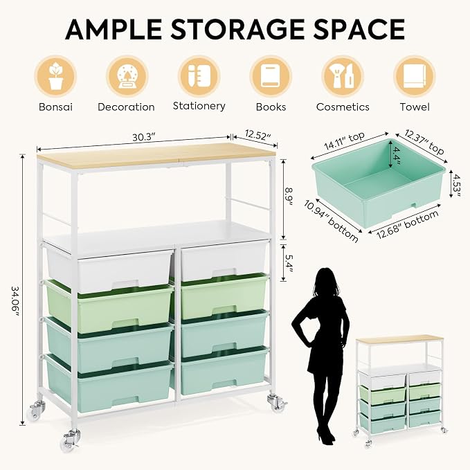 Rolling Storage Cart with 8 Large Drawers, Wooden Tabletop | Open Storage Shelves, Mobile Craft Organizer with Lockable Wheels for Home, Classroom, Office Supplies & Art Studio,Green