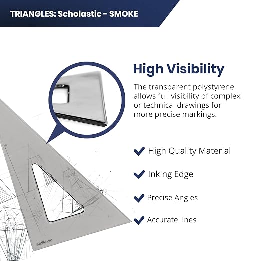 Pacific Arc's Scholastic Triangle - 4 inch - Smoke - 40/90 Angle - Polystyrene - Inking Edge - Technical Drawing Tools, Drafting, Architect and Engineering.