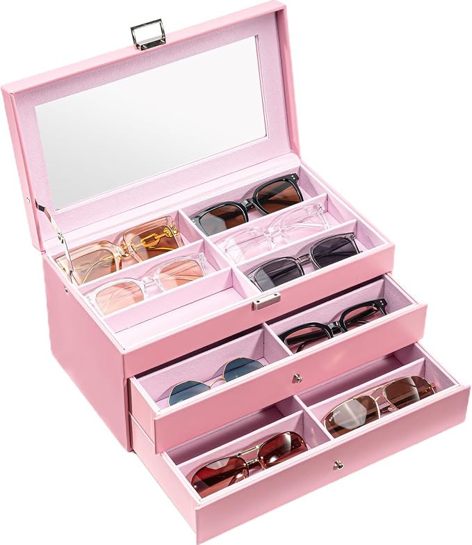 ProCase 3-layer Sunglasses Storage Organizer, 18 Slots Leather Sunglass Box Multiple Pairs Eyeglass Cases Eye Glass Eyewear Display Holder for Men Women -Pink