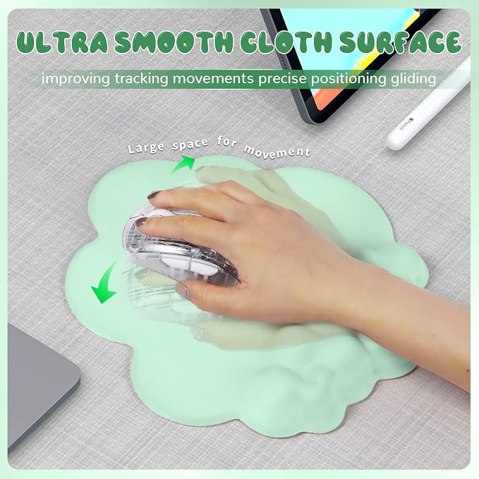 Gaming Mouse Pad Wrist Rest,Ergonomic Cloud Wrist Rest Mousepad with Gel Memory Foam,Non-Slip Rubber Base,Comfortable Mouse Pad for Home Office,Laptop,Mac,Lightweight,Easy Pain Relief (Light Green)