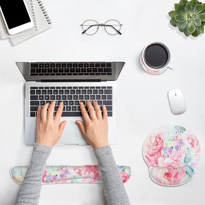 Ergonomic Mouse Pad Set with Wrist Rest, Watercolor Abstract | Flower Painting Non-Slip Rubber Base Wrist Cushion Support and Coasters Mousepad with Wrist Support for Computer Keyboard