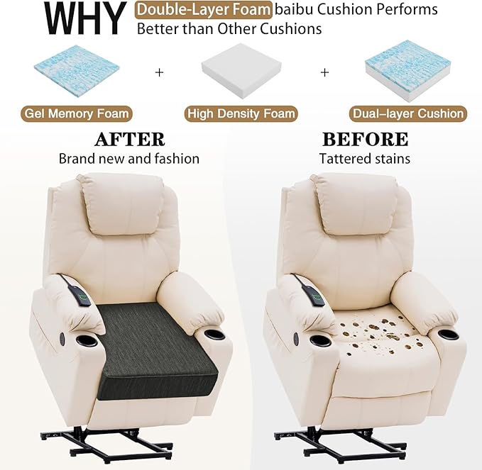 baibu Extra Large Dual-Layer Gel Memory Foam Recliner Cushions for Elderly, 20x20x5 Inch Thick Non-Slip Recliner Seat Cushion Suitable for Couch for Easy to Stand Up & Reduce Hip & Lumbar Pain, Black