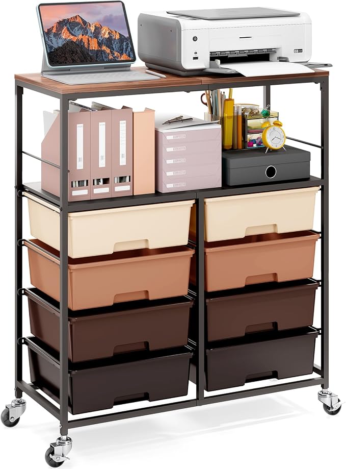 Rolling Storage Cart with 8 Large Drawers, Wooden Tabletop | Open Storage Shelves, Mobile Craft Organizer with Lockable Wheels for Home, Classroom, Office Supplies & Art Studio,Brown
