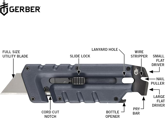 Gerber Prybrid Pocket Knife Multitool 8-in-1 Box Cutter, Bottle Opener,Blue