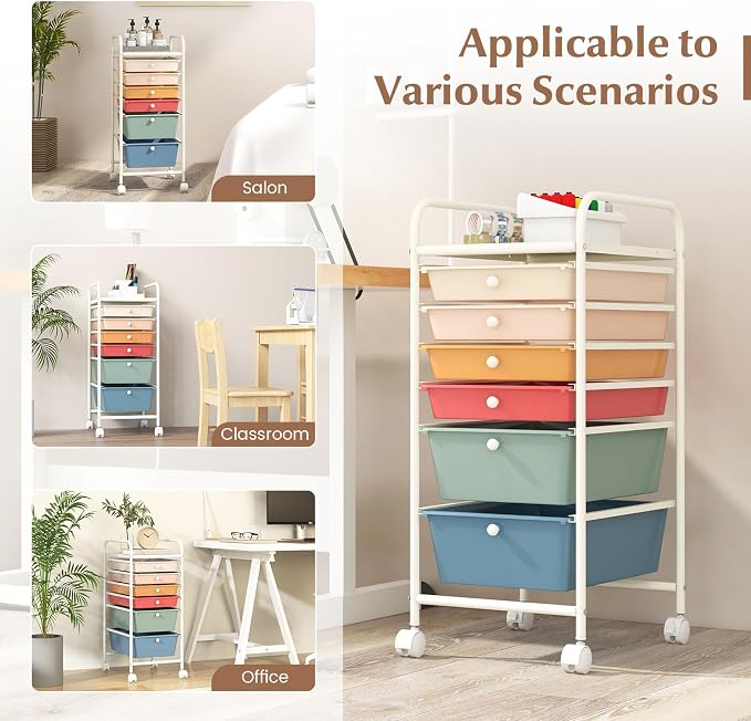 COSTWAY 6-Drawer Rolling Storage Cart, Art Craft Tools Organizer on Wheels | Multifunctional Heavy Duty Utility Mobile Storage Trolley w/ 2 Lockable Wheels for Home Office School (Macaron)