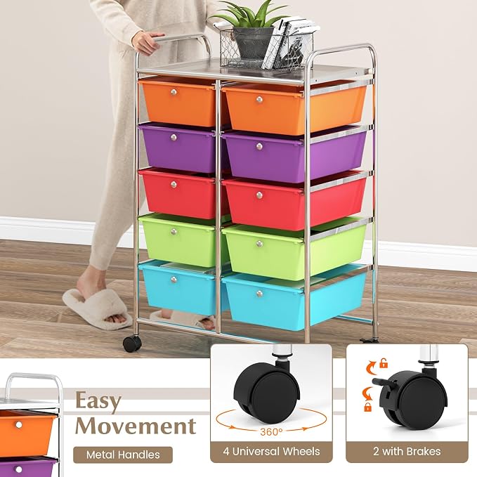 COSTWAY 10 Drawer Rolling Storage Cart, Utility Cart with Lockable Wheels | Mobile Art Supply Craft Organizer with Metal Frame, Multipurpose Drawer Cart for Paper for Office, School, Multi-color