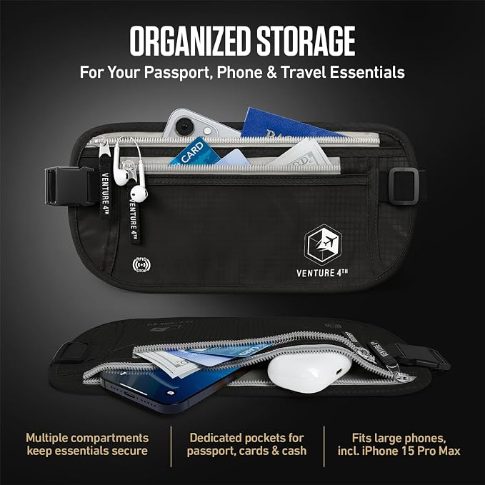 VENTURE 4TH Travel Money Belt, RFID Blocking Passport Holder - Black