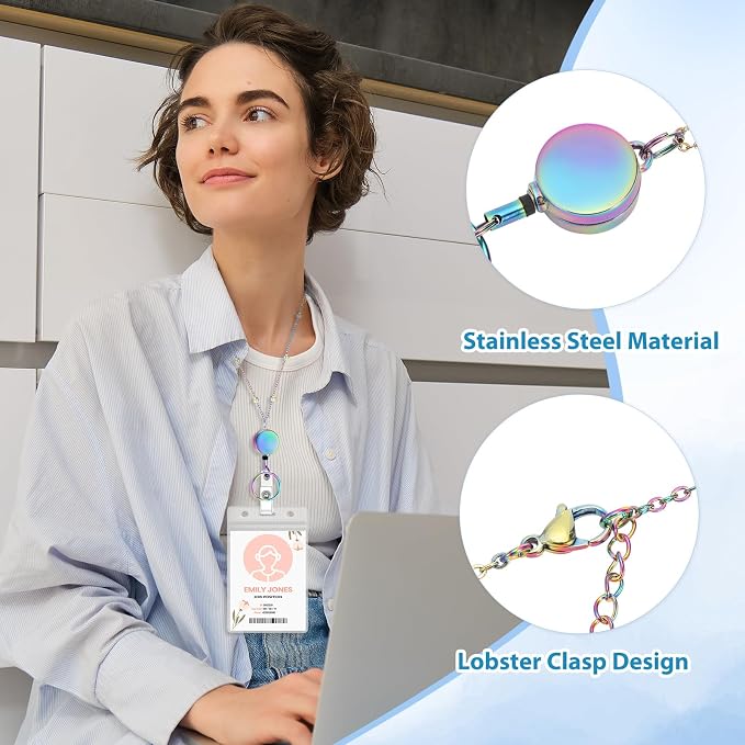 Lanyards for Id Badges 3 Pack Badge Lanyard with 6 Pcs Id Badge Holder Retractable Stainless Steel Teacher Lanyards Cruise Ship Lanyard for Girl Women (Gold, Silver, Bright Blue)