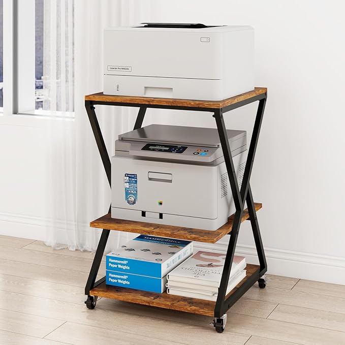 Natwind 3 Tier Printer Stand, 19.7''x19.7'' Large Printer Table with Height Adjustable Shelf, Rolling Printer Cart with Wheels,Multifunctional Organizer Shelf for Home Office Kitchen（Retro）