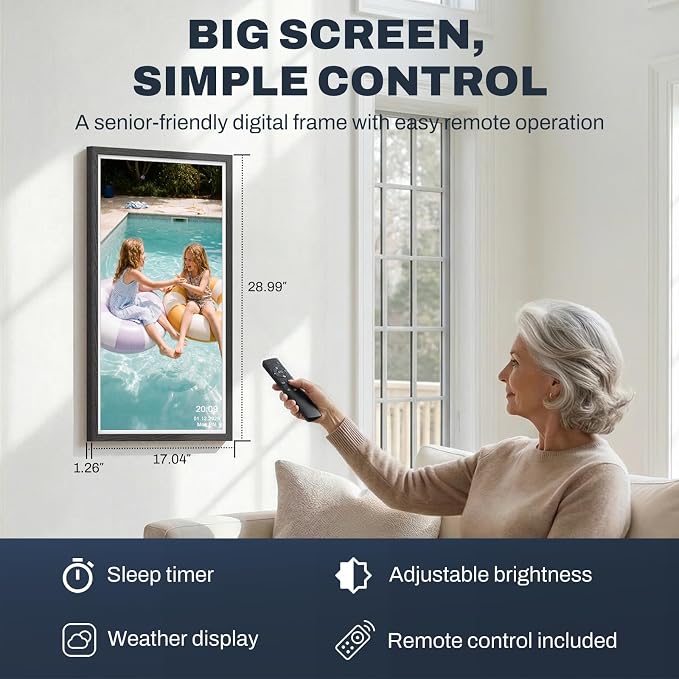 32 Inch FHD Extra Large Digital Picture Frame Touchscreen, 64GB FHD IPS WiFi Digital Photo Frame Remote, Share Photo/Video via Apps, Email, Auto-Rotate, Black Wood Pattern