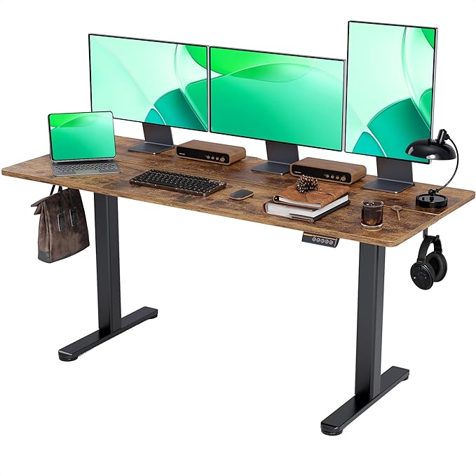 Claiks Electric Standing Desk, Adjustable Height Stand up Desk, 63x24 Inches Sit Stand Home Office Desk with Splice Board, Black Frame/Rustic Brown Top