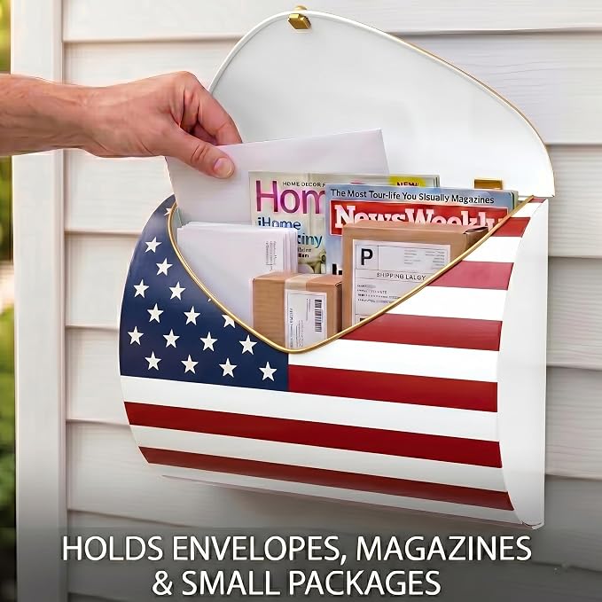 American Flag Wall Mount Mailbox for Outside, Waterproof Metal Mailbox with Rust-Proof Galvanized Steel, Large Capacity Mailbox for House, Independence Day Patriotic Decor