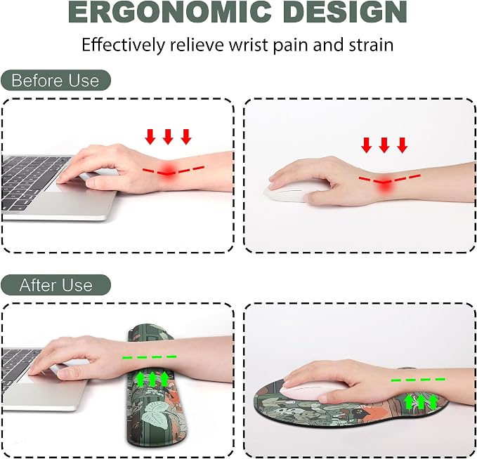 Ergonomic Mouse Pad with Wrist Rest and Keyboard Wrist Rest, Mousepad | Memory Foam Wrist Rest for Computer Keyboard, Pain Relief, Non-Slip Rubber Base, Mouse Pad with Wrist Support for Gaming, Cat