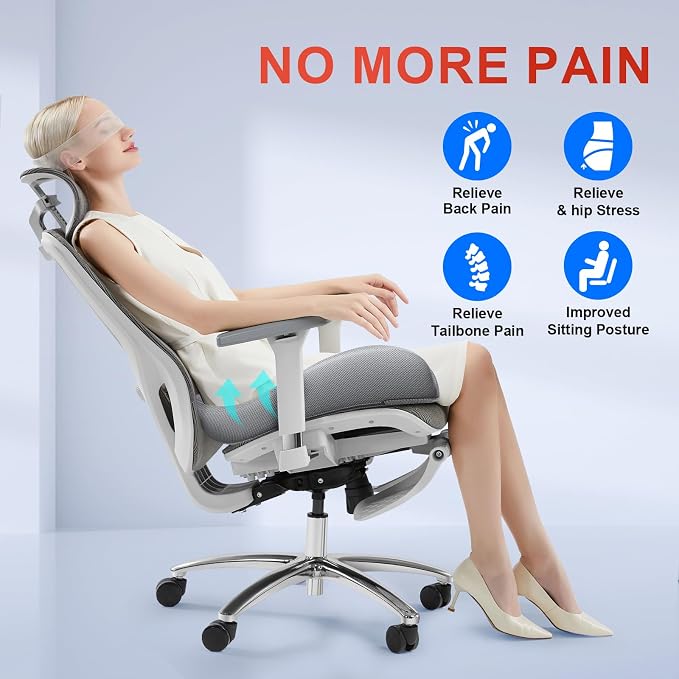 Benazcap XL Ergonomic Seat Cushion Relieves Sciatica & Tailbone Pain | Memory Foam cushion, washable cover & anti-slip base, long-sitting pad for office, gaming and car seats Gray