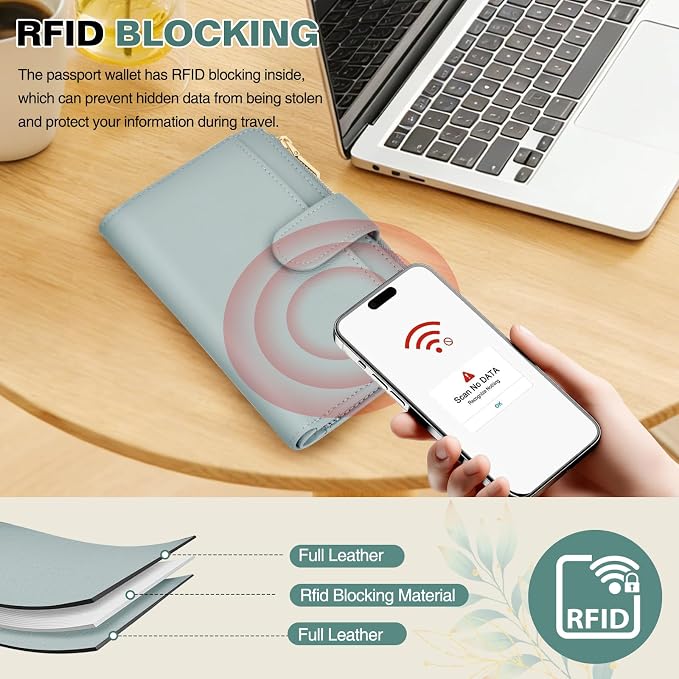 RFID Passport Holder for Travel, Leather Passport Wallet Cover with Airtag | with Airtag Slot, Card Cash Holders, Zippered Coins Pocket, for Women/Men, Gift Box, Travel Essentials, 4.1"L x 1"W x 6.3"H