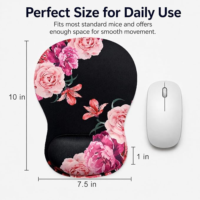 Mouse Pad with Wrist Rest Ergonomic Memory Foam Support, Non-Slip Rubber Base, Comfortable Typing Cushion for Home Office Computer Laptop, Flowers Pink