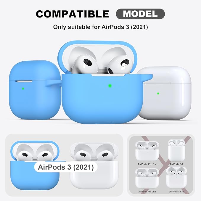 R-fun Compatible with AirPods 3 Case Cover, Silicone Protective Accessories Skin with Keychain Compatible with Apple AirPod 3rd Generation 2021 for Women Men Girls Boys,Front LED Visible,Light Blue