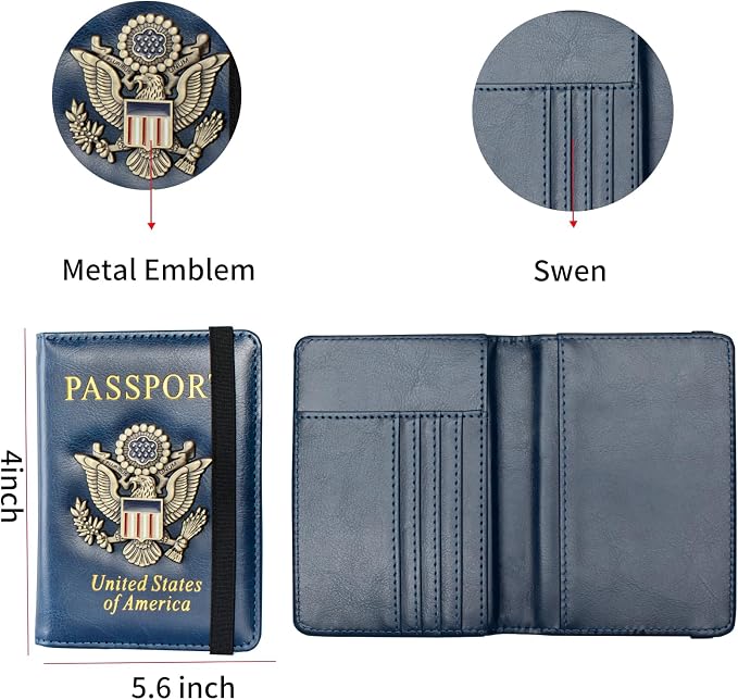 Passport Holder and Card Slot Combo RFID Blocking Leather Travel Passport Wallet for Men and Women US Passport Cover, Blue