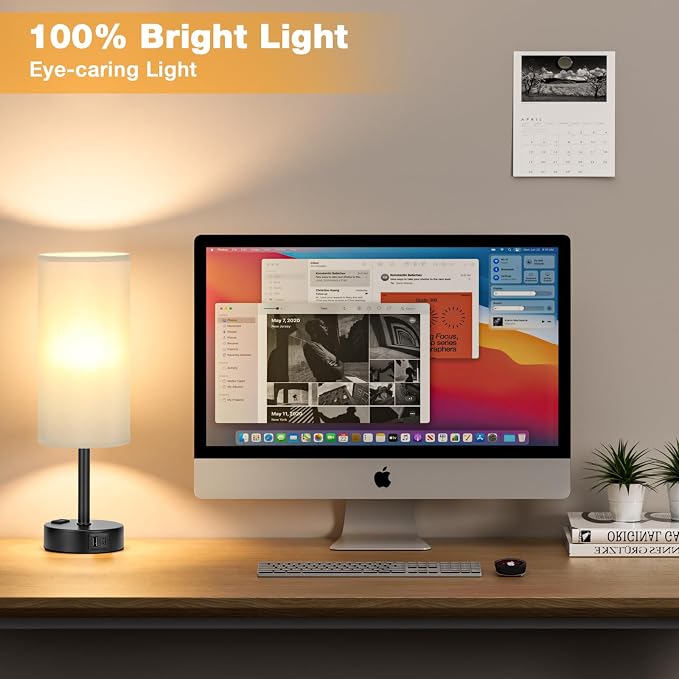 PartageiZ Grey Touch Table Lamps Set of 2-3 Way Dimmable Bedroom Lamps for Bedside with USB C and A Ports, Small Nightstand Lamps with AC Outlet, Desk Lamps with Black Base for Office Boys | 3-Way Dimmable, LED Bulb Included, Grey Fabric Lampshade, Mat...