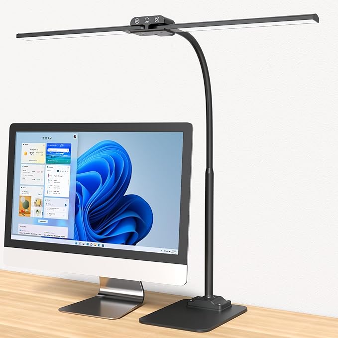 LED Desk Lamp Double Light: 1200LM Desk Light Base for Home Office, Black | Dual Screen Computer Monitor Light, Architect Table Lamp for Working Reading Drafting,Dimmable 4 Colors Memory 30-Min Timer