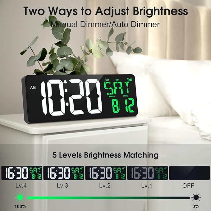 17 Inch Digital Wall Clock Large Display Bluetooth Sync Time, Auto-Dimming Large Digital Wall Clock with Remote, Date/Week/Temperature/DST, Plug-in Digital Clock for All Spaces Use, Gift