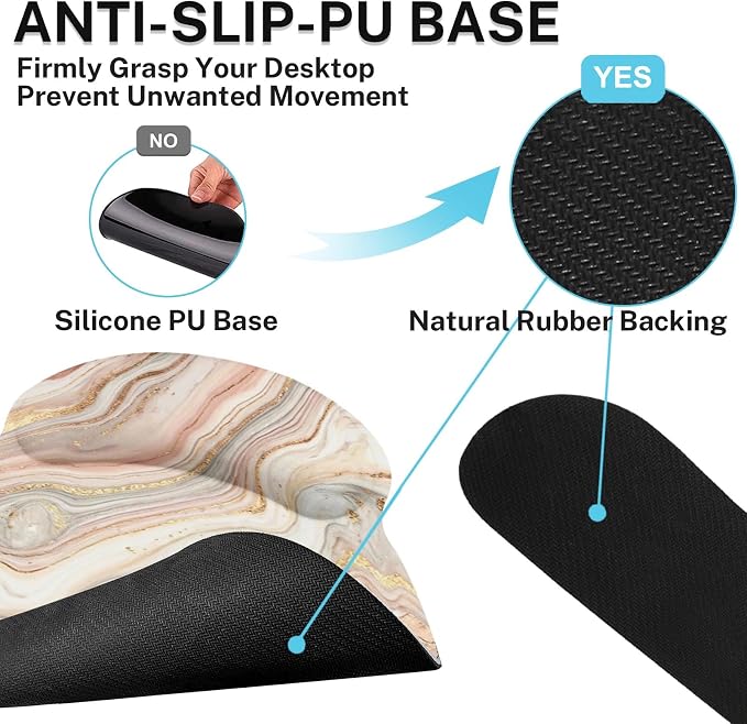 Ergonomic Mouse Pad Set with Wrist Rest, Gold Pink Marble | Abstract Non-Slip Rubber Base Wrist Cushion Support and Coasters Mousepad with Wrist Support for Computer Keyboard