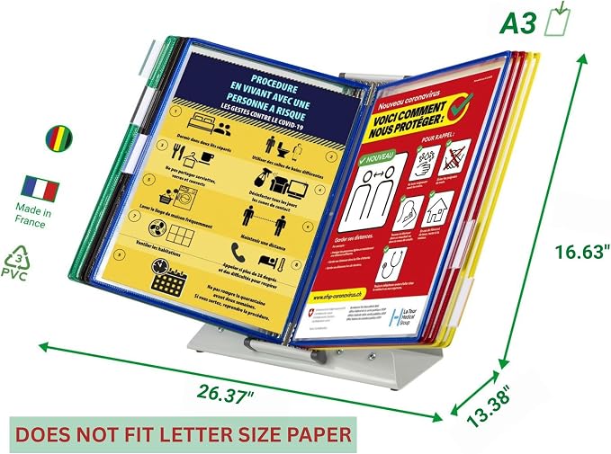 Tarifold Desktop Reference Display System, 10 Pockets, A3 Size, Assorted | 10 double-sided PVC pockets hold 20 sheets, A3-size documents, sturdy metal base, easy to assemble