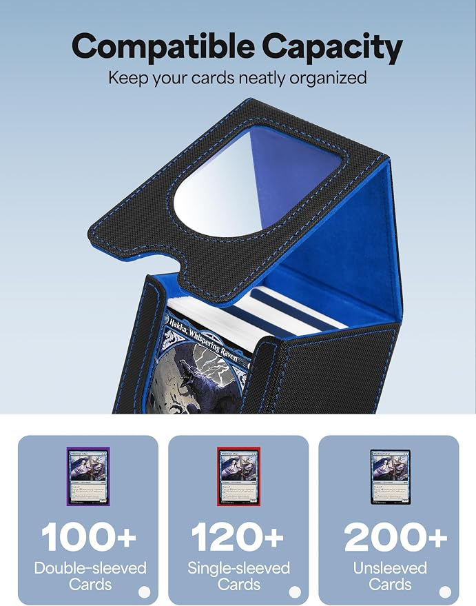 Card Deck Box for MTG Commander, Card Case Holds 100+ Double-Sleeved Cards, Magic Card Box Fits for TCG/PTCG/CCG Card with 2 Dividers (Black&Blue)