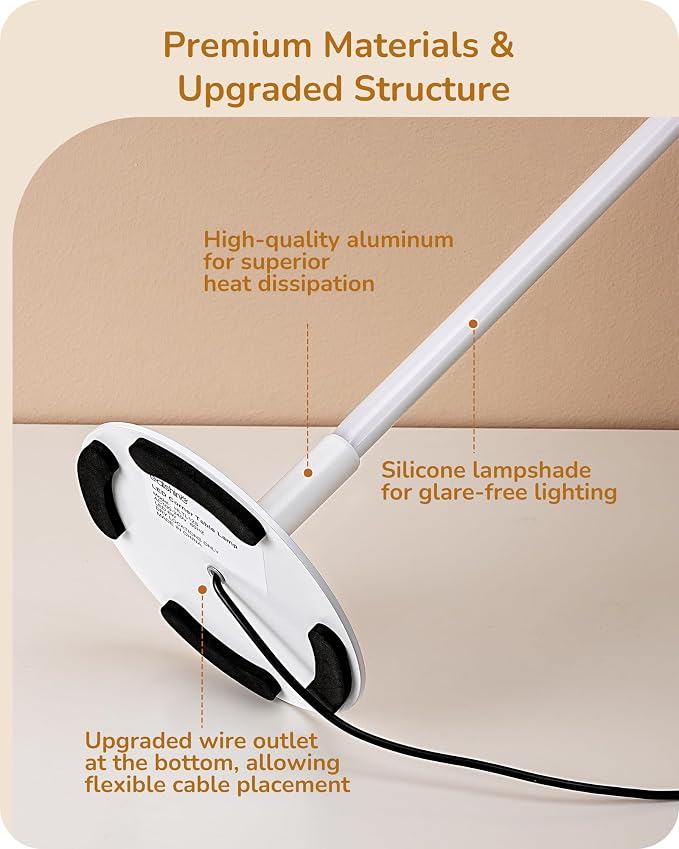 EDISHINE LED Table Lamp, Minimalist Desk Lamps for Home Office, White | Dimmable, 3 Color Temperature, Power Cord Touch Switch, Metal Finish, Ideal for Bedroom, Living Room
