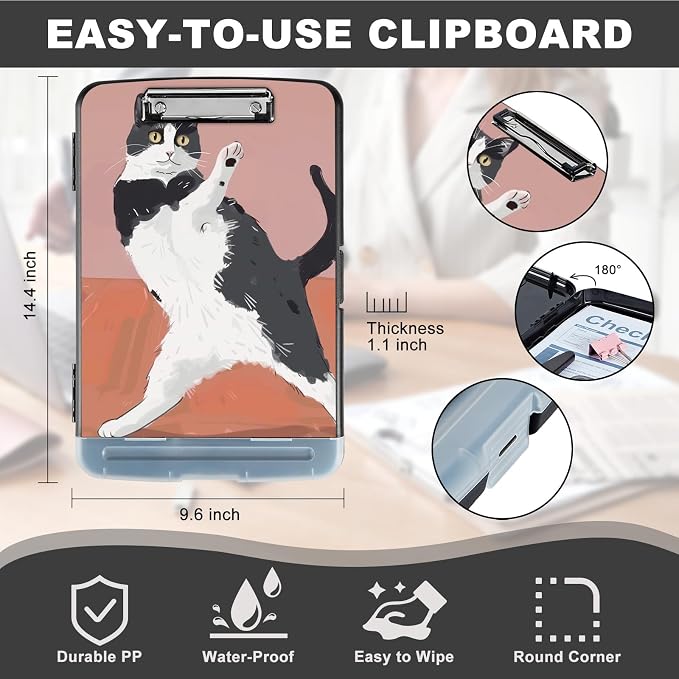 Clipboard with Storage,Storage Clipboard with Pen Holder,Heavy Duty Plastic Storage Clipboard with Low Profile Clip,Teacher Must Haves,Clipboard Folder,Office Supplies,Black and red Cat -1332