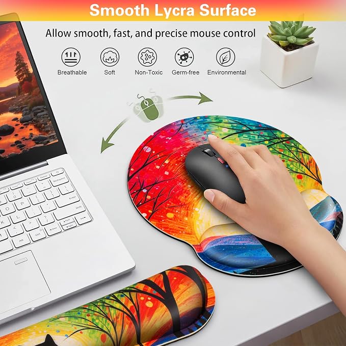 3-in-1 Mouse Pad with Wrist Rest Cute Black Cat Set | Wrist Support Mouse Pad Set,Gaming Mousepad with Anti-Skid Base,Ergonomic Mouse Pad,Memory Foam Keyboard Gel Wrist Rest Anime