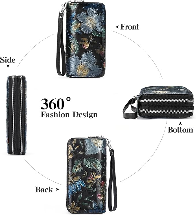 GOIACII Women's Wallet Large Capacity Double Zip Ladies Card Phone Holder RFID Blocking Wristlet Leather
