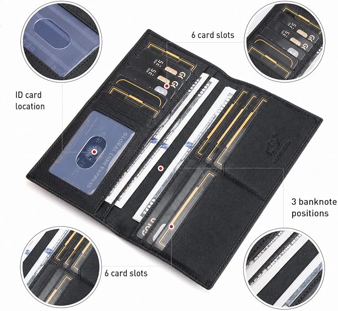 BISON DENIM Long Wallet for Men, RFID Leather Bifold, 12 Card Slots, Black | mens long bifold wallet checkbook billfold credit card holder id window zipper coin pocket slim cowhide purse organizer