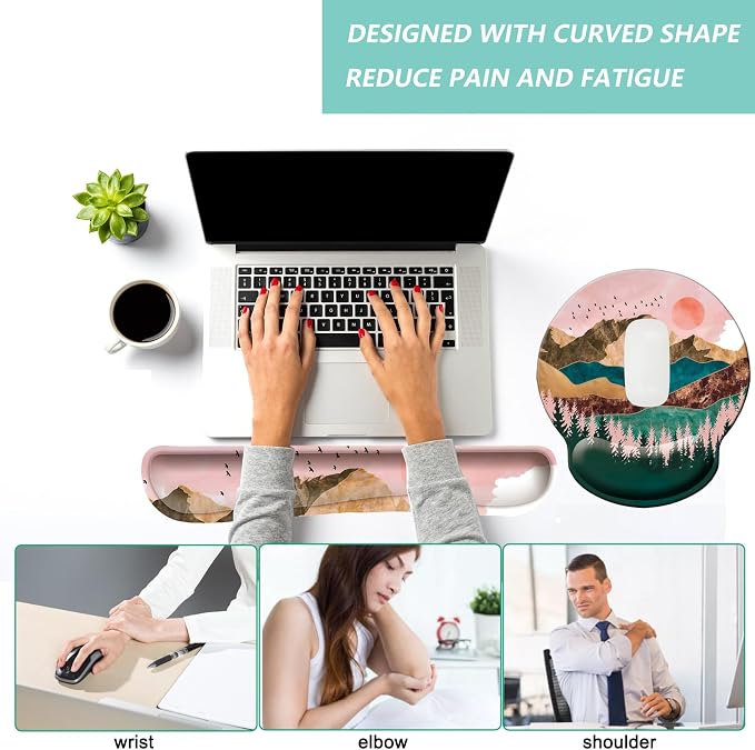 Keyboard Wrist Rest Pad Mouse Pad with Wrist Support Set of 3, Mousepad with Non-Slip Rubber Base, Ergonomic Memory Foam Mouse Wrist Cushion Support for Home Office Laptop Computer Gaming, Sunrise